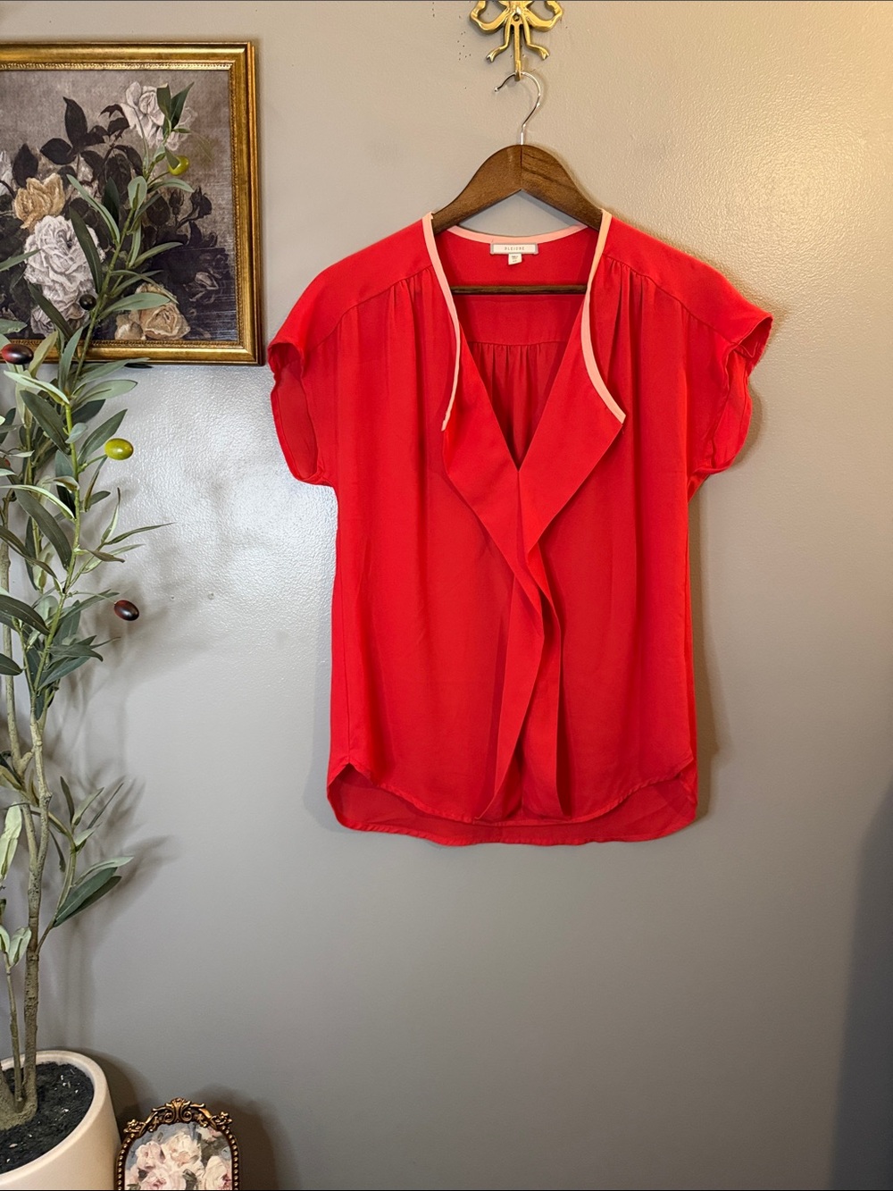 Pleione XS Coral Red Draped Waterfall Blouse Short Sleeve Made USA - Picture 2 of 8
